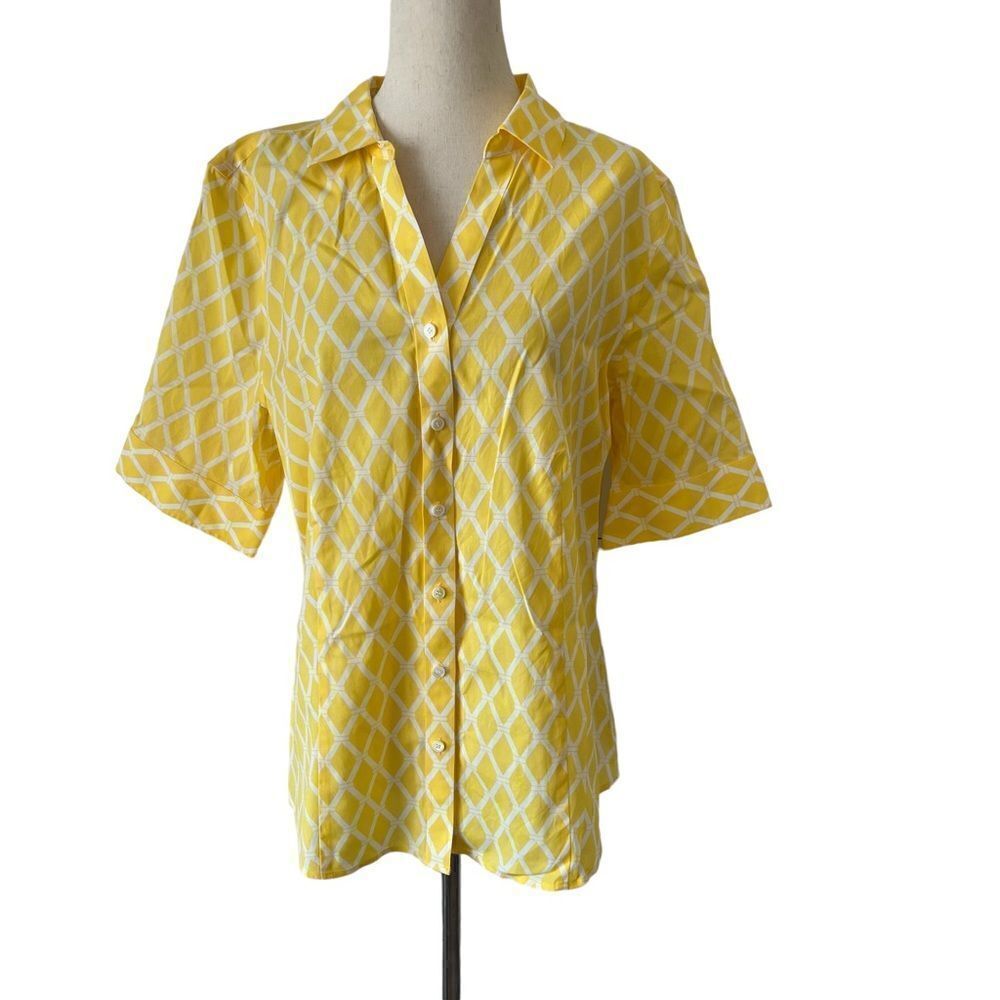 Talbots 12 Yellow + White Wrinkle Resistant Print Short Puff Sleeve Blouse